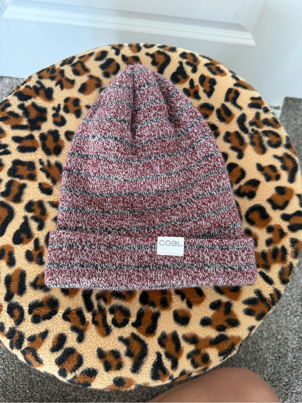 Coal Maroon Gray Striped Knit Cuffed Beanie One Size